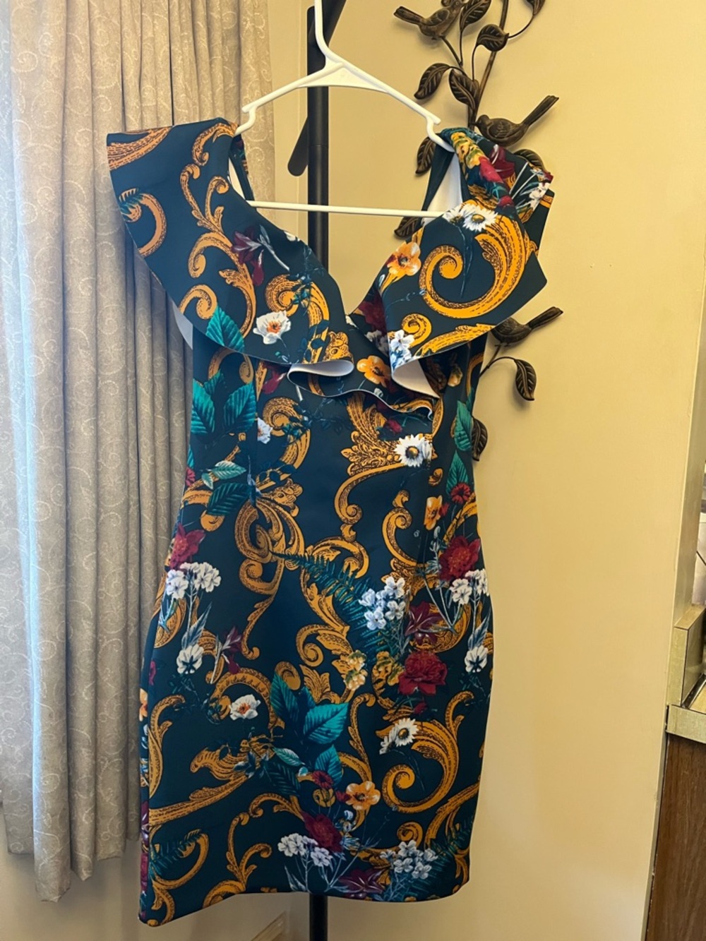 Guess Green One-Shoulder Floral Baroque Ruffle Dress - Picture 2 of 5
